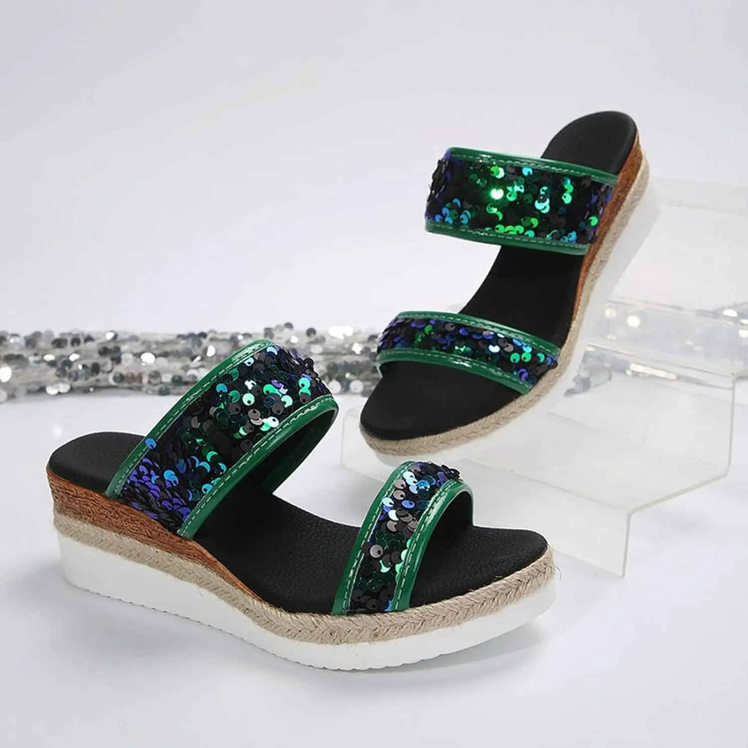 Large Size Sequined Wedge Heel Fashion Sandals New Summer Women's Slippers One Word Wedge Espadrille Sandals for Women