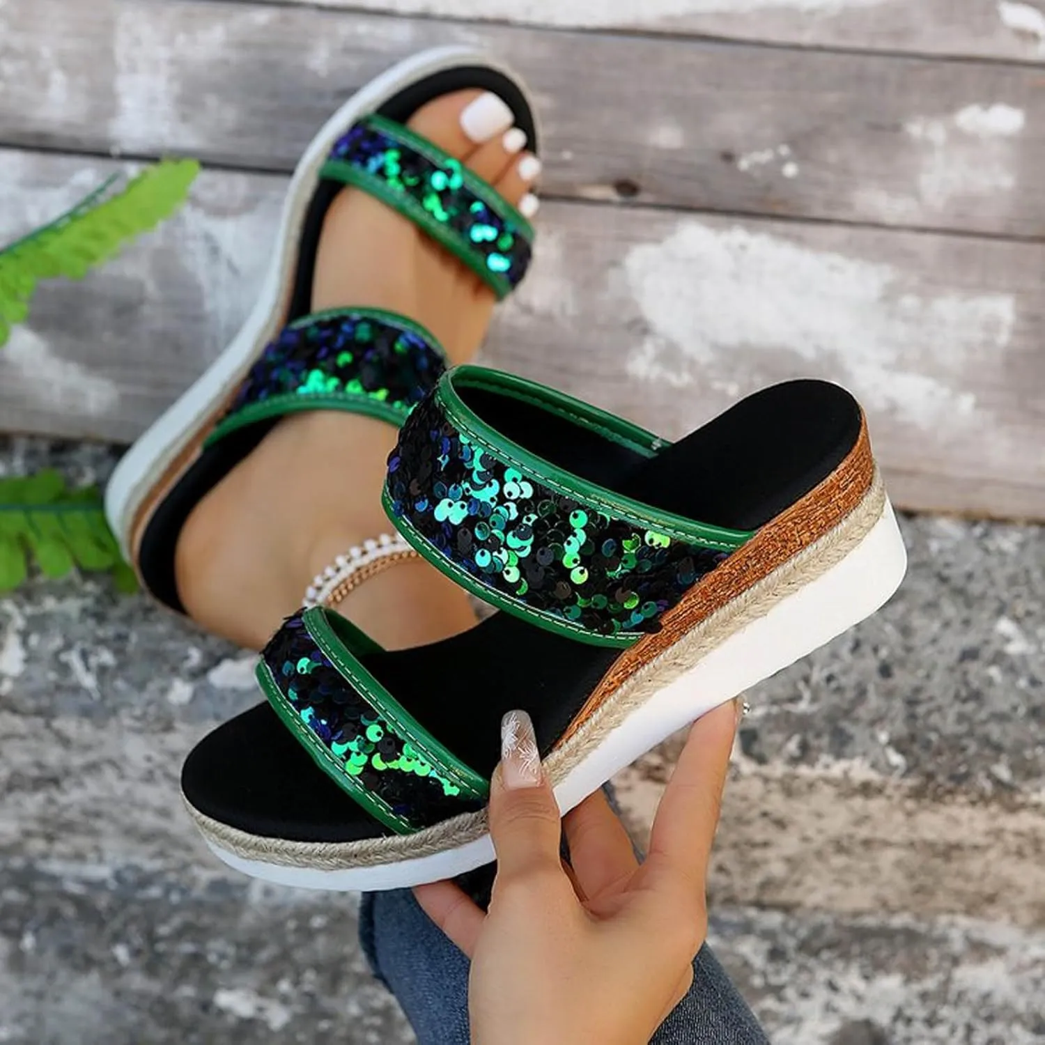 Large Size Sequined Wedge Heel Fashion Sandals New Summer Women's Slippers One Word Wedge Espadrille Sandals for Women