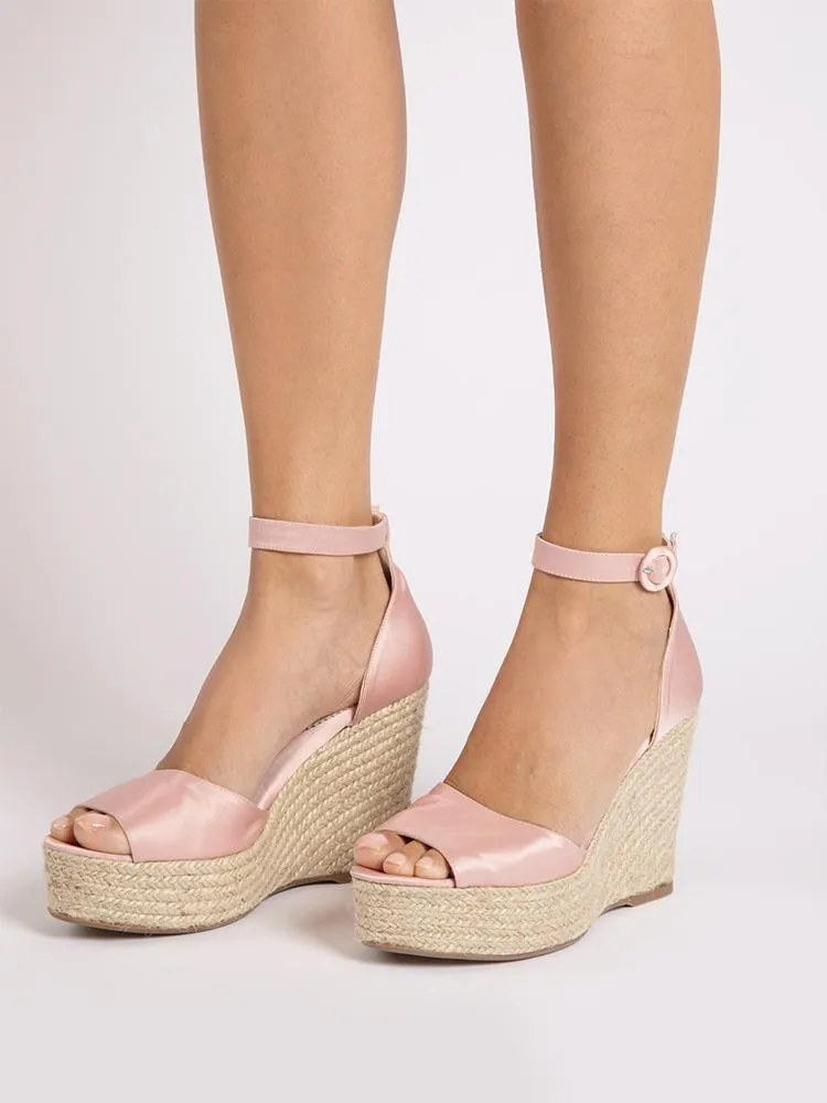 Light Pink Satin Cross Bands Open-toe Buckle Ankle Strap Espadrille Wedge Sandals