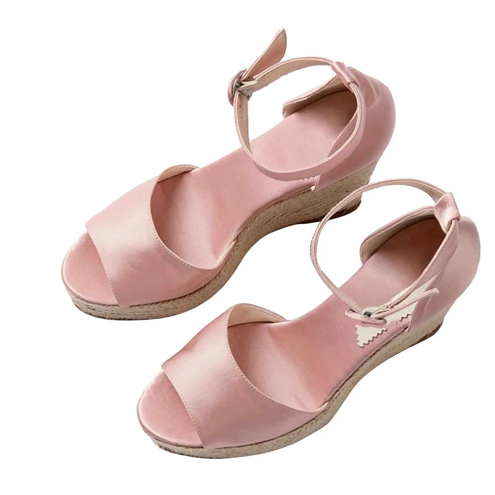 Light Pink Satin Cross Bands Open-toe Buckle Ankle Strap Espadrille Wedge Sandals