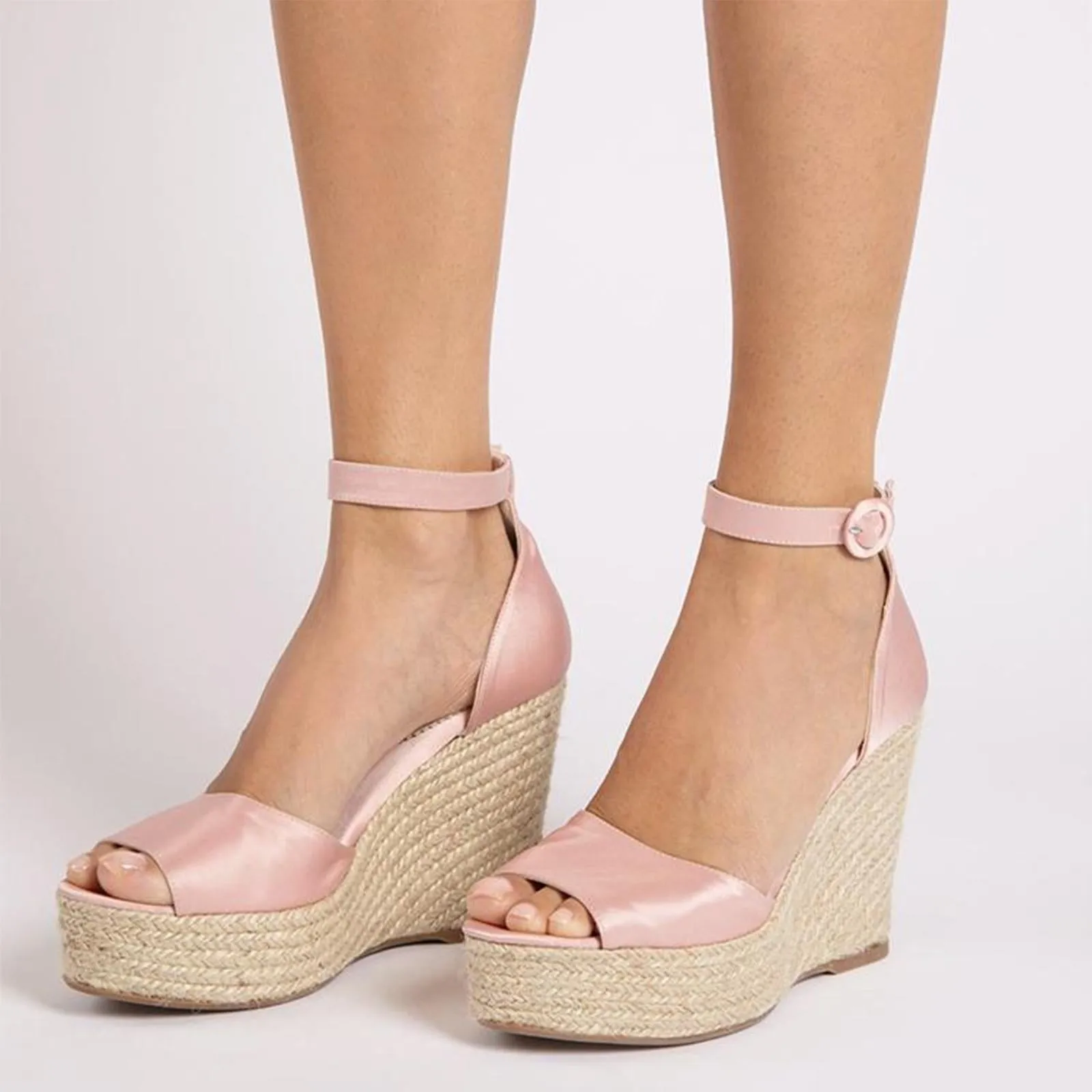 Light Pink Satin Cross Bands Open-toe Buckle Ankle Strap Espadrille Wedge Sandals