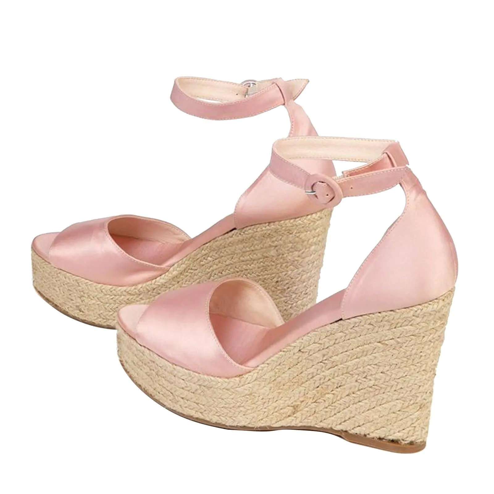 Light Pink Satin Cross Bands Open-toe Buckle Ankle Strap Espadrille Wedge Sandals