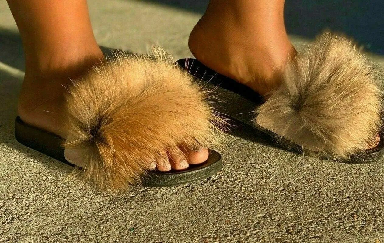 Liliana Women's Nomi Real Vegan Faux Fur Open Toe Slip-On Slide Black Flatform Sole Sandal