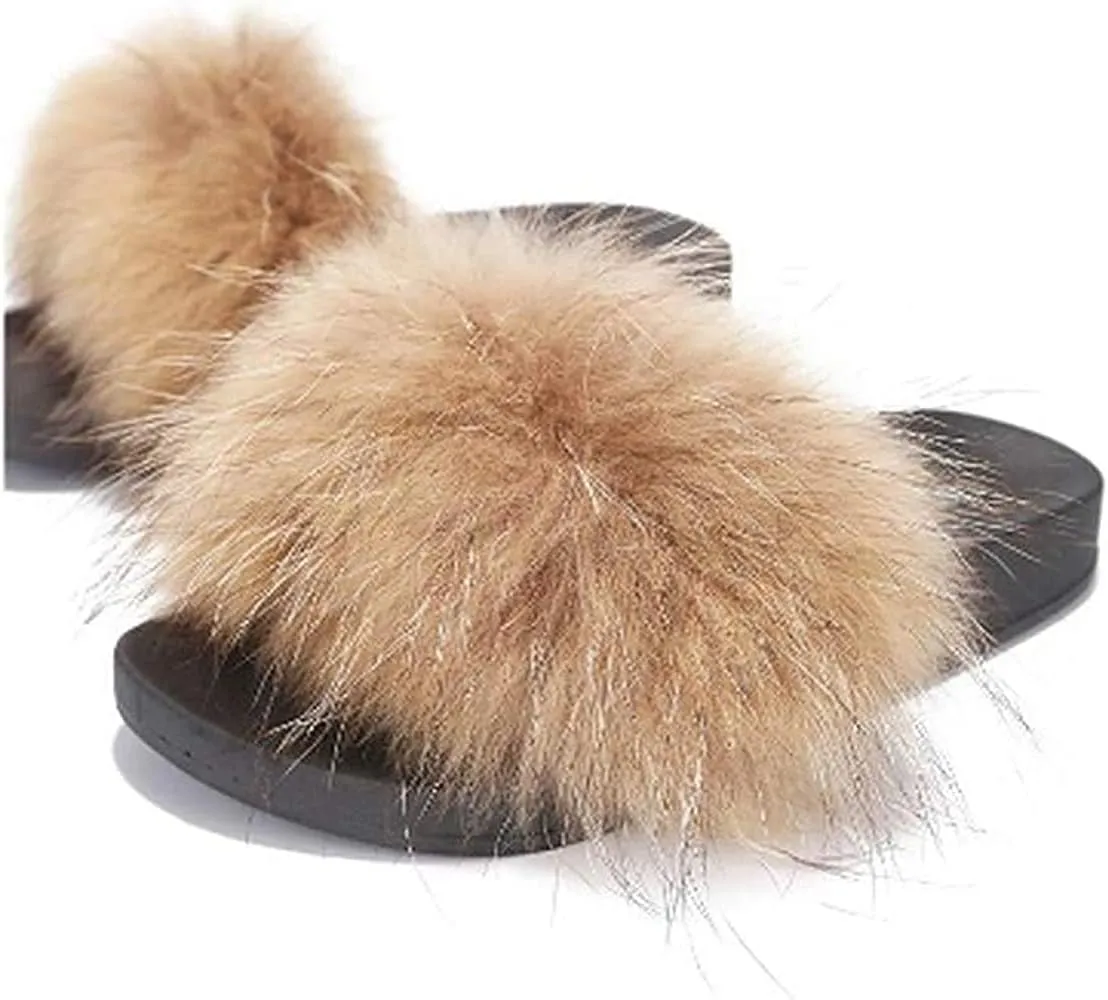 Liliana Women's Nomi Real Vegan Faux Fur Open Toe Slip-On Slide Black Flatform Sole Sandal