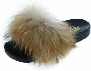 Liliana Women's Nomi Real Vegan Faux Fur Open Toe Slip-On Slide Black Flatform Sole Sandal