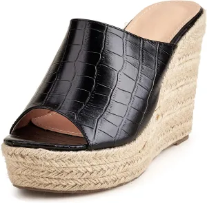 LizFoYa Women Retro Crocodile Leather Slide Shoes Ladies Peep Toe Espadrille Wedge Platform Heels Beach Vocation