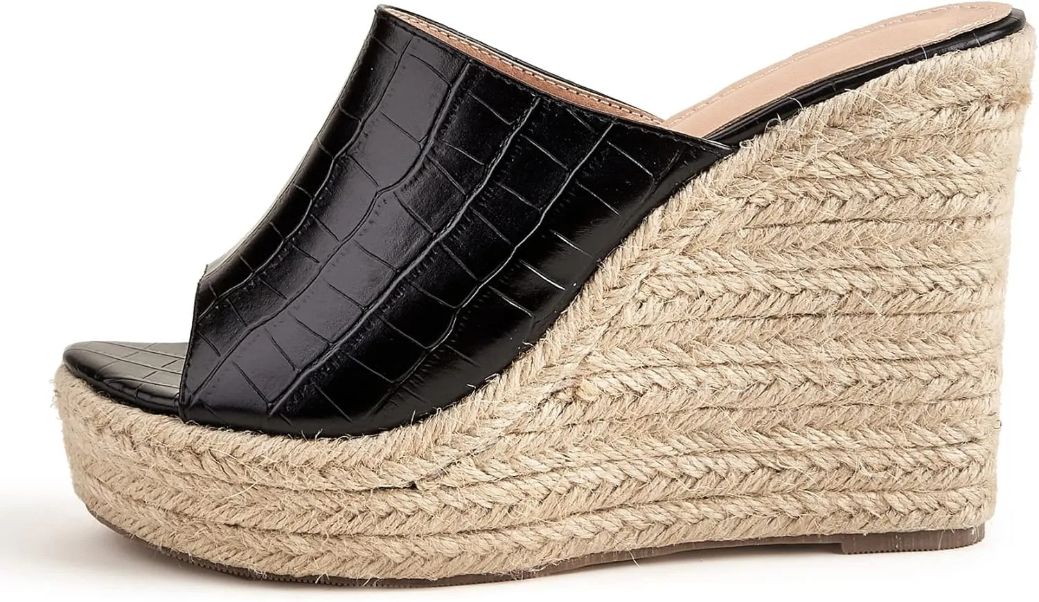 LizFoYa Women Retro Crocodile Leather Slide Shoes Ladies Peep Toe Espadrille Wedge Platform Heels Beach Vocation
