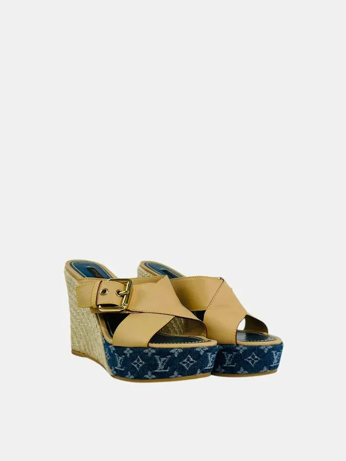 LOUIS VUITTON Espadrille Beige & Blue Wedges 38.5
