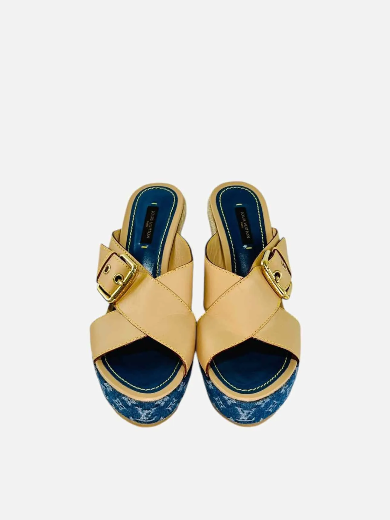 LOUIS VUITTON Espadrille Beige & Blue Wedges 38.5