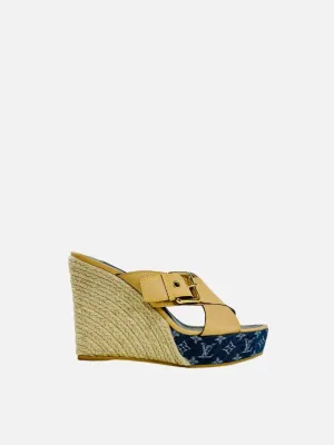 LOUIS VUITTON Espadrille Beige & Blue Wedges 38.5