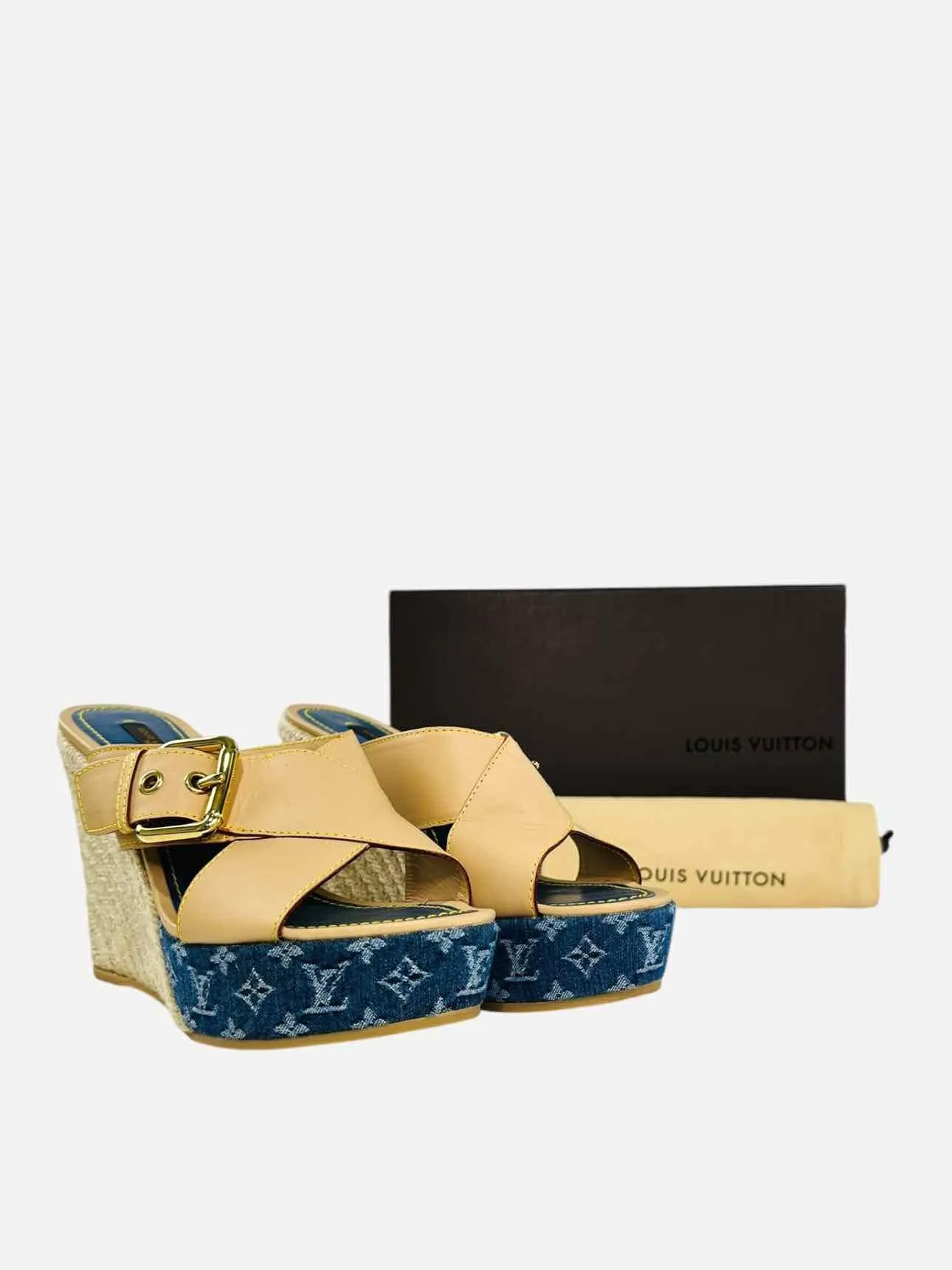 LOUIS VUITTON Espadrille Beige & Blue Wedges 38.5