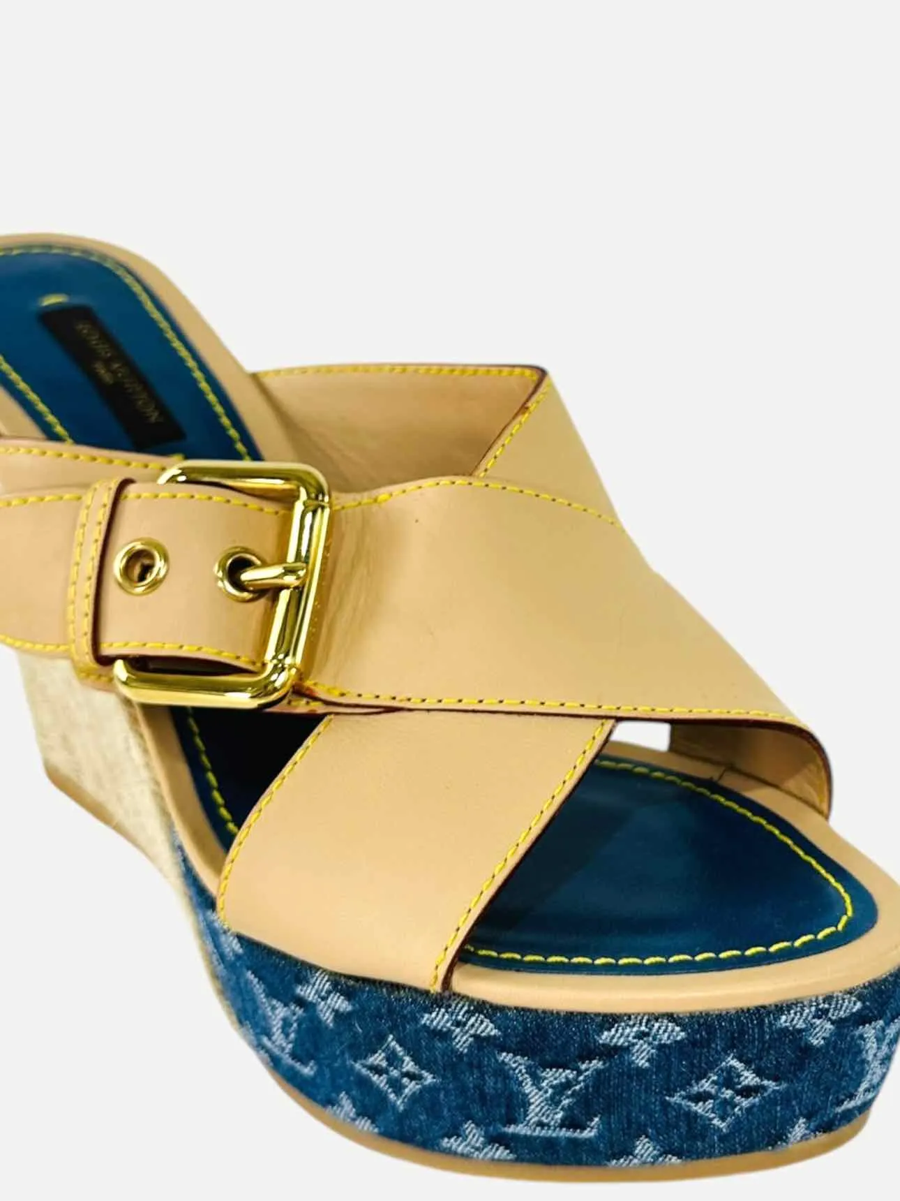 LOUIS VUITTON Espadrille Beige & Blue Wedges 38.5