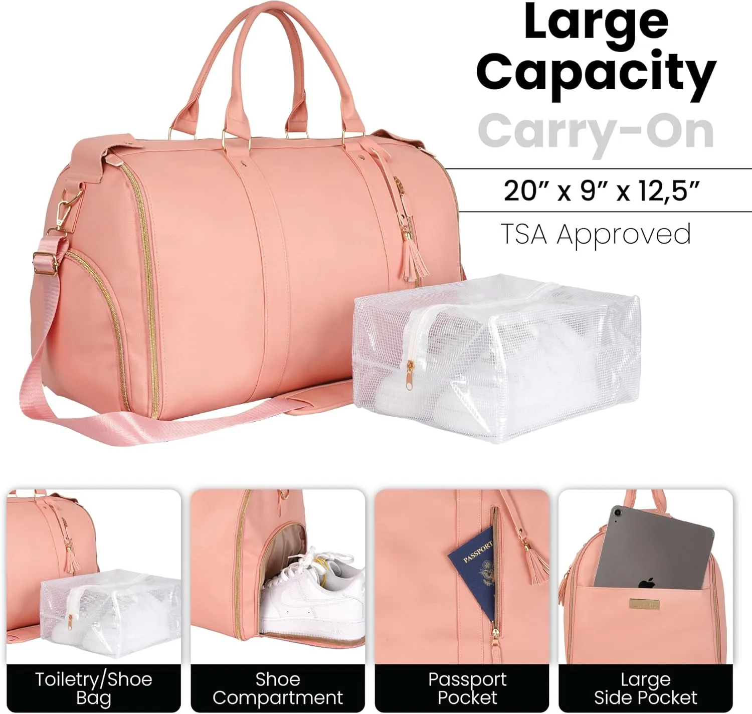 LUHXE Travel Convertible Carry On Garment Roller Bag with Shoe Pouch & Detachable Shoulder Strap - Rose