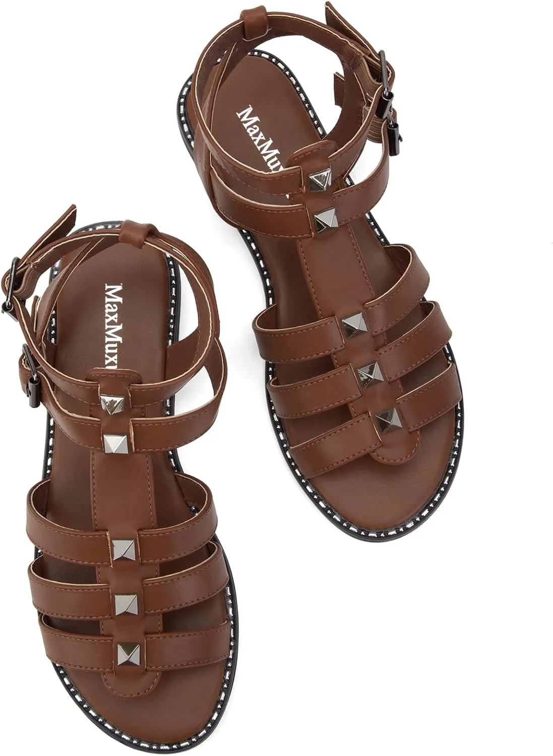 MaxMuxun Gladiator Sandals For Women Flat Ankle Strap Open Toe Strappy Summer Sandals With Studs