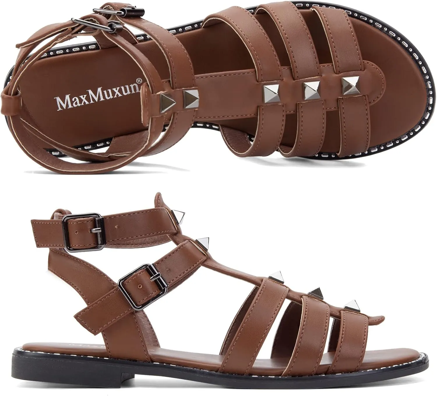 MaxMuxun Gladiator Sandals For Women Flat Ankle Strap Open Toe Strappy Summer Sandals With Studs