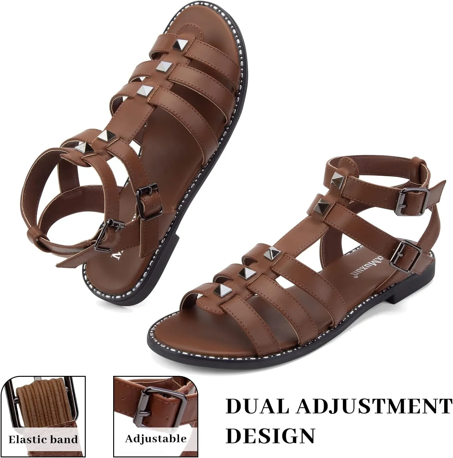 MaxMuxun Gladiator Sandals For Women Flat Ankle Strap Open Toe Strappy Summer Sandals With Studs