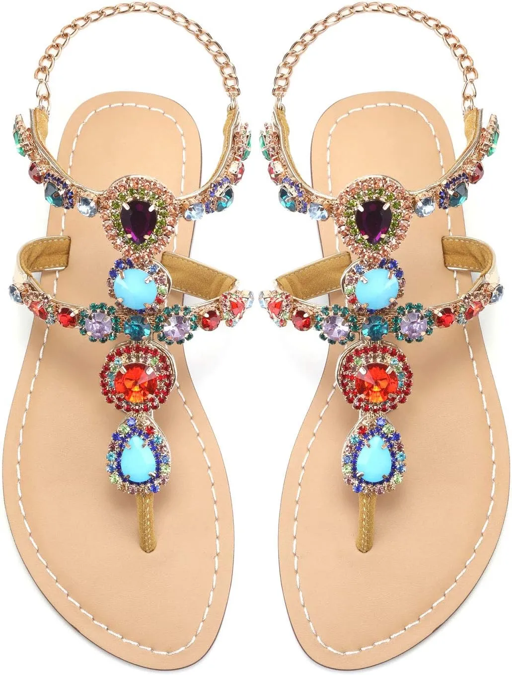 Mayou Flip Flops for Women, Flat Gladiator Sandals Bohemia Toe Ring with Rhinestone Crystal Jeweled Sandal Shoes for Summer Beach Wedding Oceanside Holiday Outdoor Red, 7.5