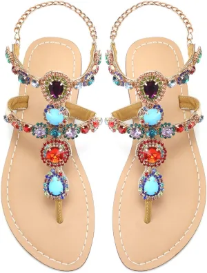 Mayou Flip Flops for Women, Flat Gladiator Sandals Bohemia Toe Ring with Rhinestone Crystal Jeweled Sandal Shoes for Summer Beach Wedding Oceanside Holiday Outdoor Red, 7.5
