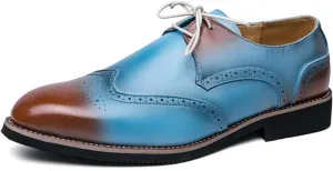 Men Oxford Dress Shoes Gradient - Color Brogues Wing Tips Lace Up Patchwork Two Tone Color Matching Punched Round Toe