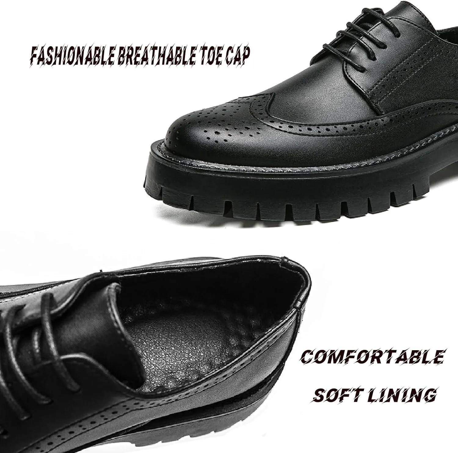 Men's Black Wingtip Platform Formal Oxford Shoes Classic Round Toe Lug Sole Chunky Heel Lace-Up Dress Brogue Shoes Breathable Non-Slip Party Prom Dating Business Shoes