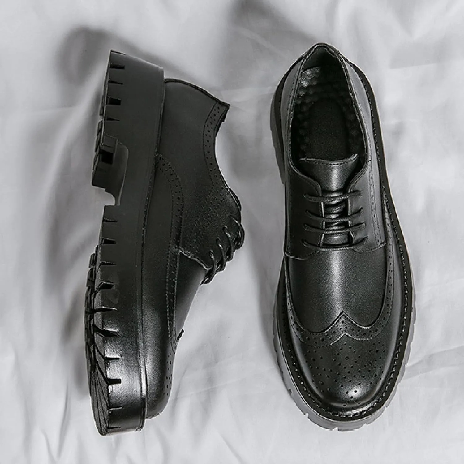 Men's Black Wingtip Platform Formal Oxford Shoes Classic Round Toe Lug Sole Chunky Heel Lace-Up Dress Brogue Shoes Breathable Non-Slip Party Prom Dating Business Shoes