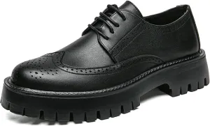 Men's Black Wingtip Platform Formal Oxford Shoes Classic Round Toe Lug Sole Chunky Heel Lace-Up Dress Brogue Shoes Breathable Non-Slip Party Prom Dating Business Shoes