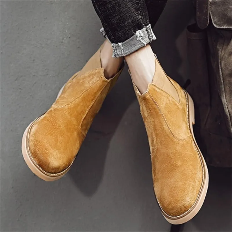 Men's British-Style Slip-on Shoes Mid-top Square-Toed Casual Shoes Height-Enhancing Warm Frosted Soft-Soled Oxford Shoes for Men