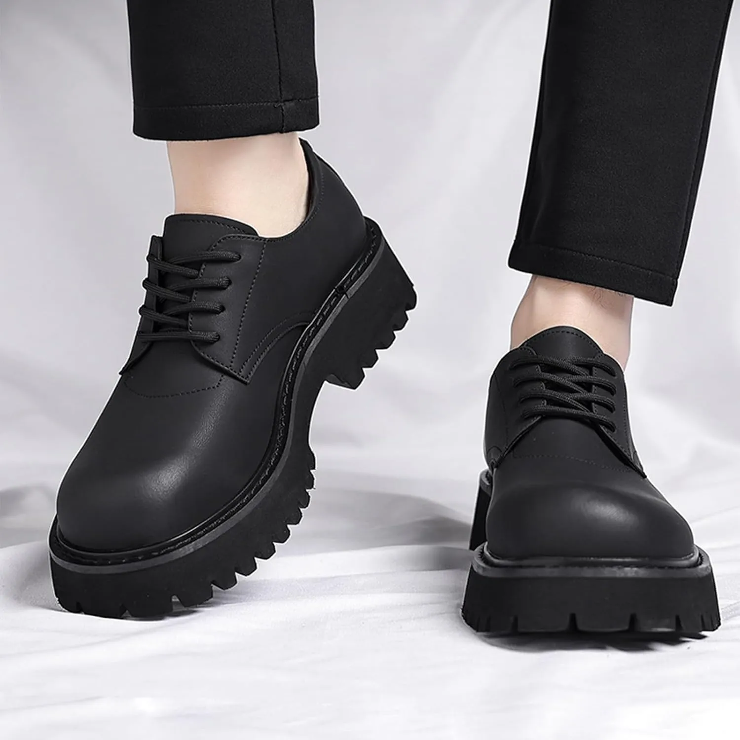 Men's Classic Leather Matte Platform Big Round-Toed Derby Shoes Retro Lace Up Chunky Block Heel Lug Sole Non Slip Dress Oxfords for Business Party Wedding