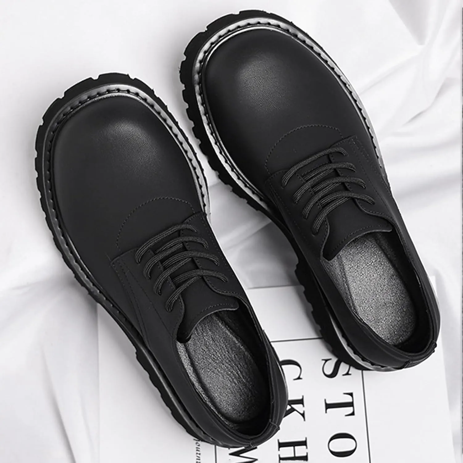 Men's Classic Leather Matte Platform Big Round-Toed Derby Shoes Retro Lace Up Chunky Block Heel Lug Sole Non Slip Dress Oxfords for Business Party Wedding