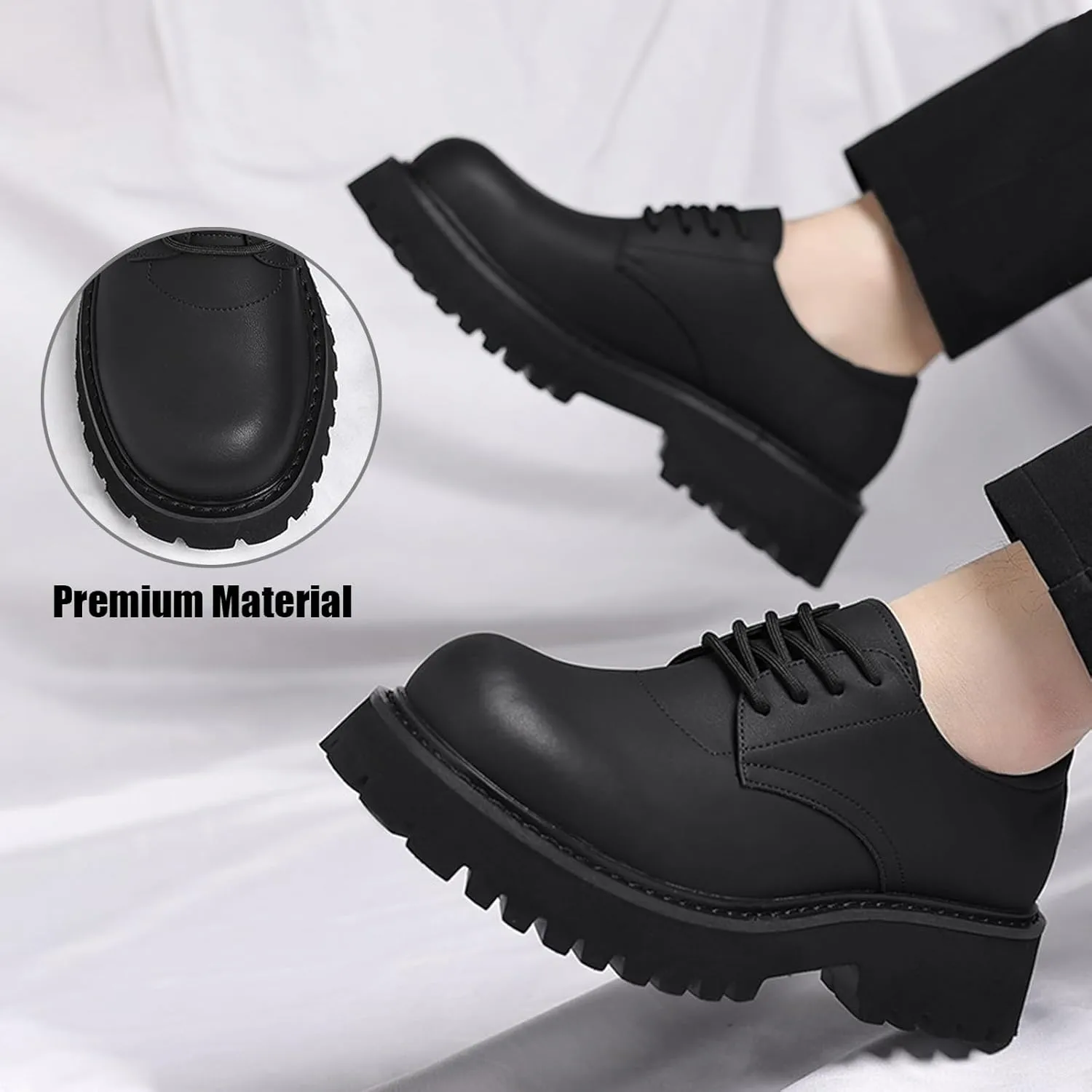 Men's Classic Leather Matte Platform Big Round-Toed Derby Shoes Retro Lace Up Chunky Block Heel Lug Sole Non Slip Dress Oxfords for Business Party Wedding