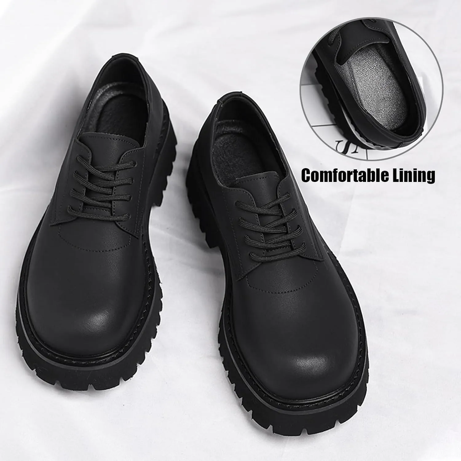Men's Classic Leather Matte Platform Big Round-Toed Derby Shoes Retro Lace Up Chunky Block Heel Lug Sole Non Slip Dress Oxfords for Business Party Wedding