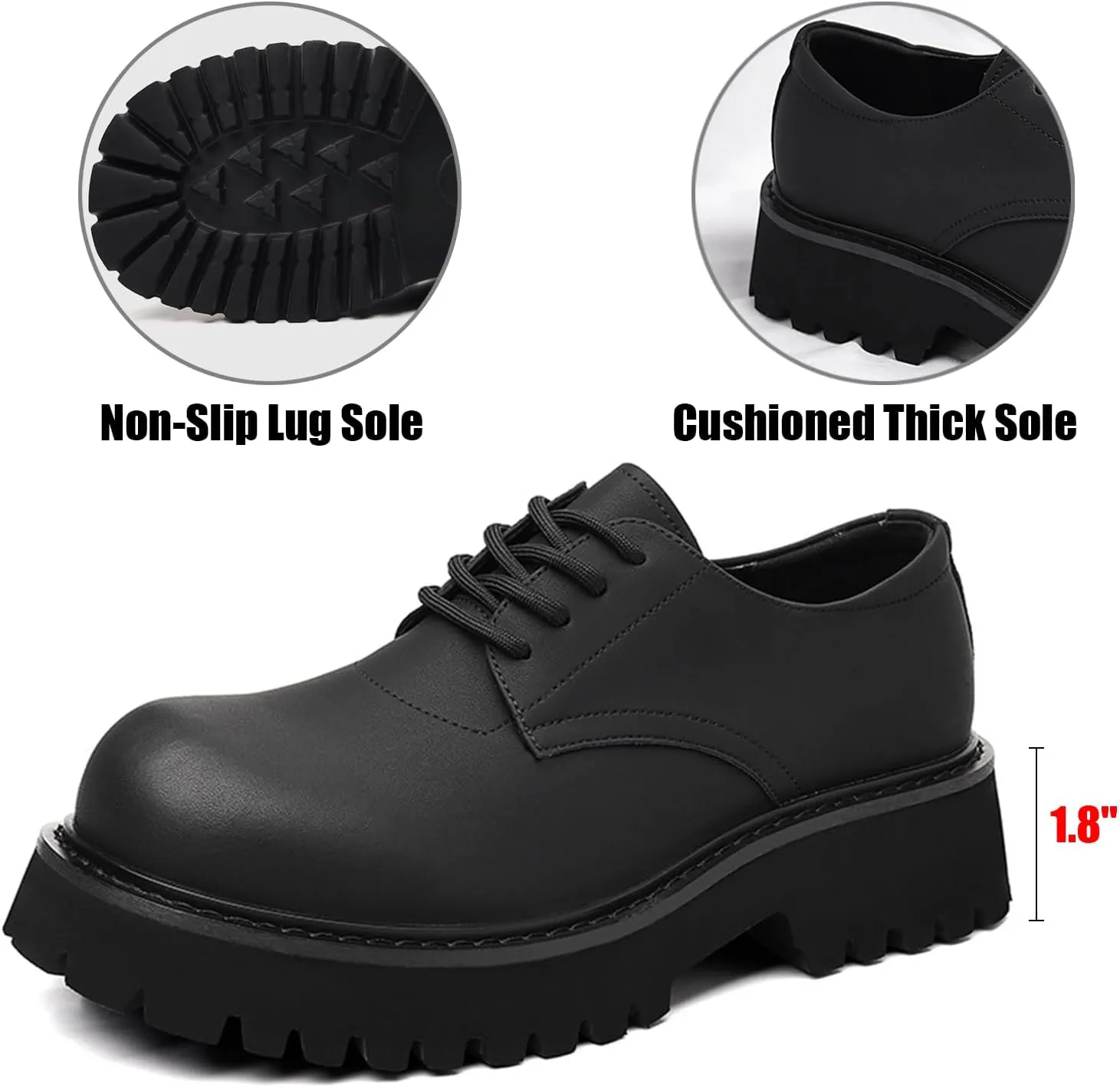 Men's Classic Leather Matte Platform Big Round-Toed Derby Shoes Retro Lace Up Chunky Block Heel Lug Sole Non Slip Dress Oxfords for Business Party Wedding