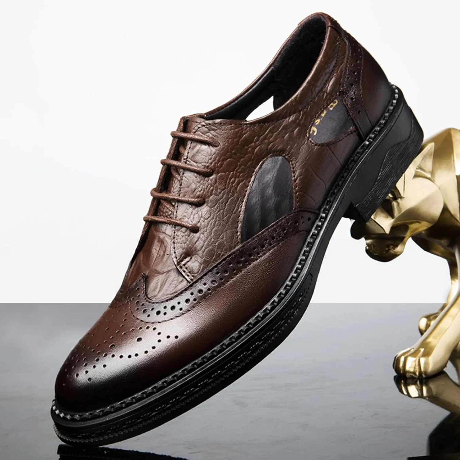 Men's Cowhide Leather Perforated Lace - up Oxfords Brogue Wingtip Shoes for Men Brown, Black