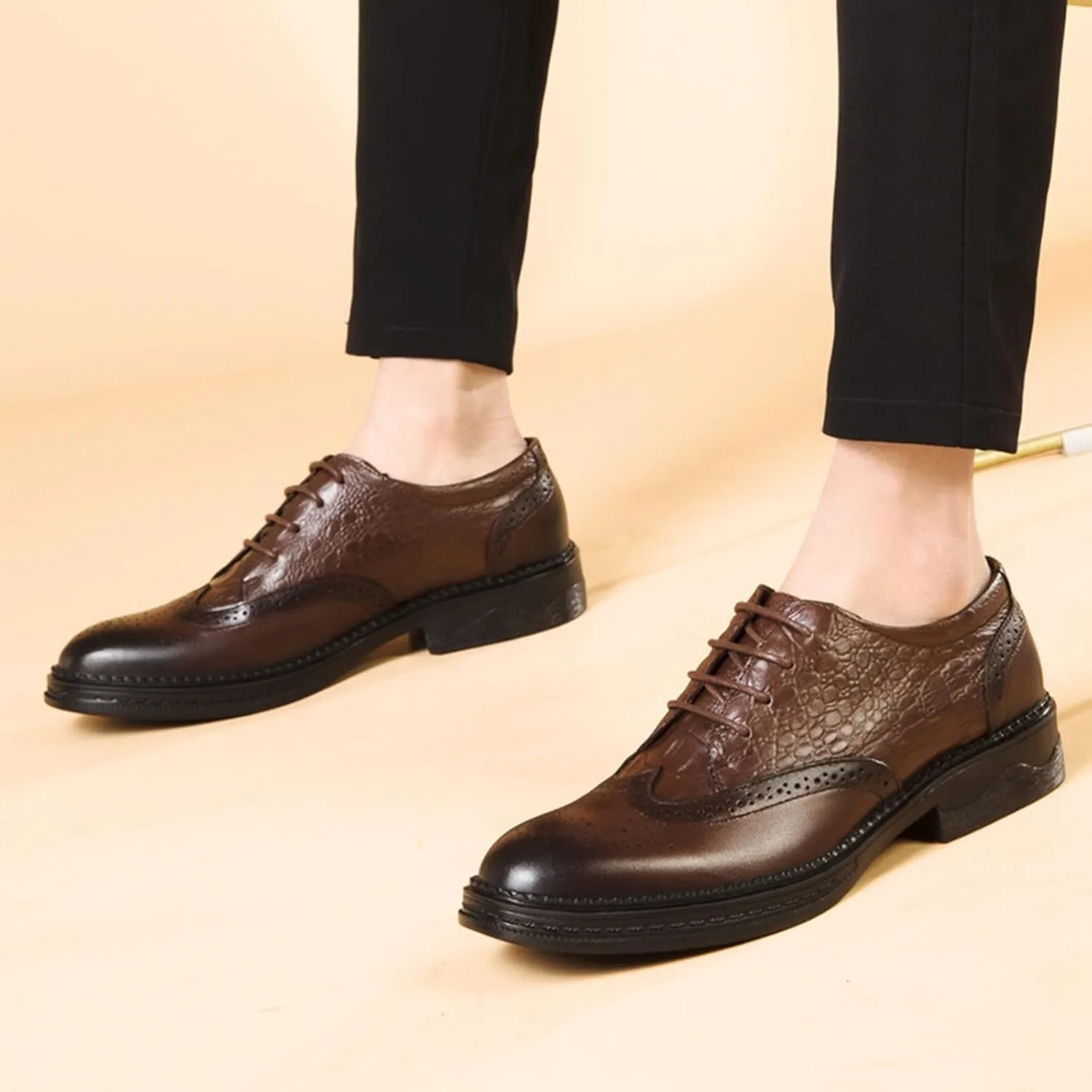 Men's Cowhide Leather Perforated Lace - up Oxfords Brogue Wingtip Shoes for Men Brown, Black