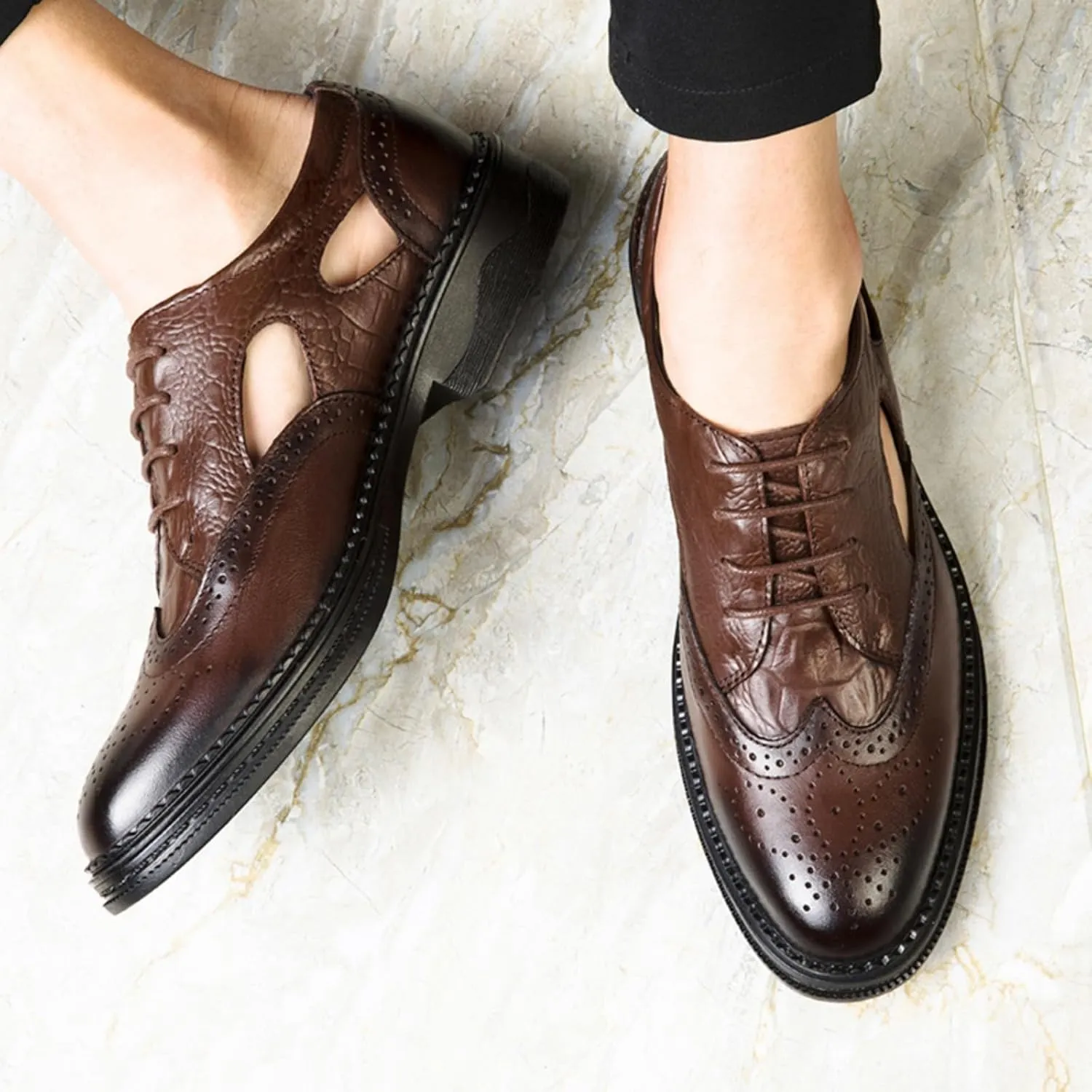 Men's Cowhide Leather Perforated Lace - up Oxfords Brogue Wingtip Shoes for Men Brown, Black