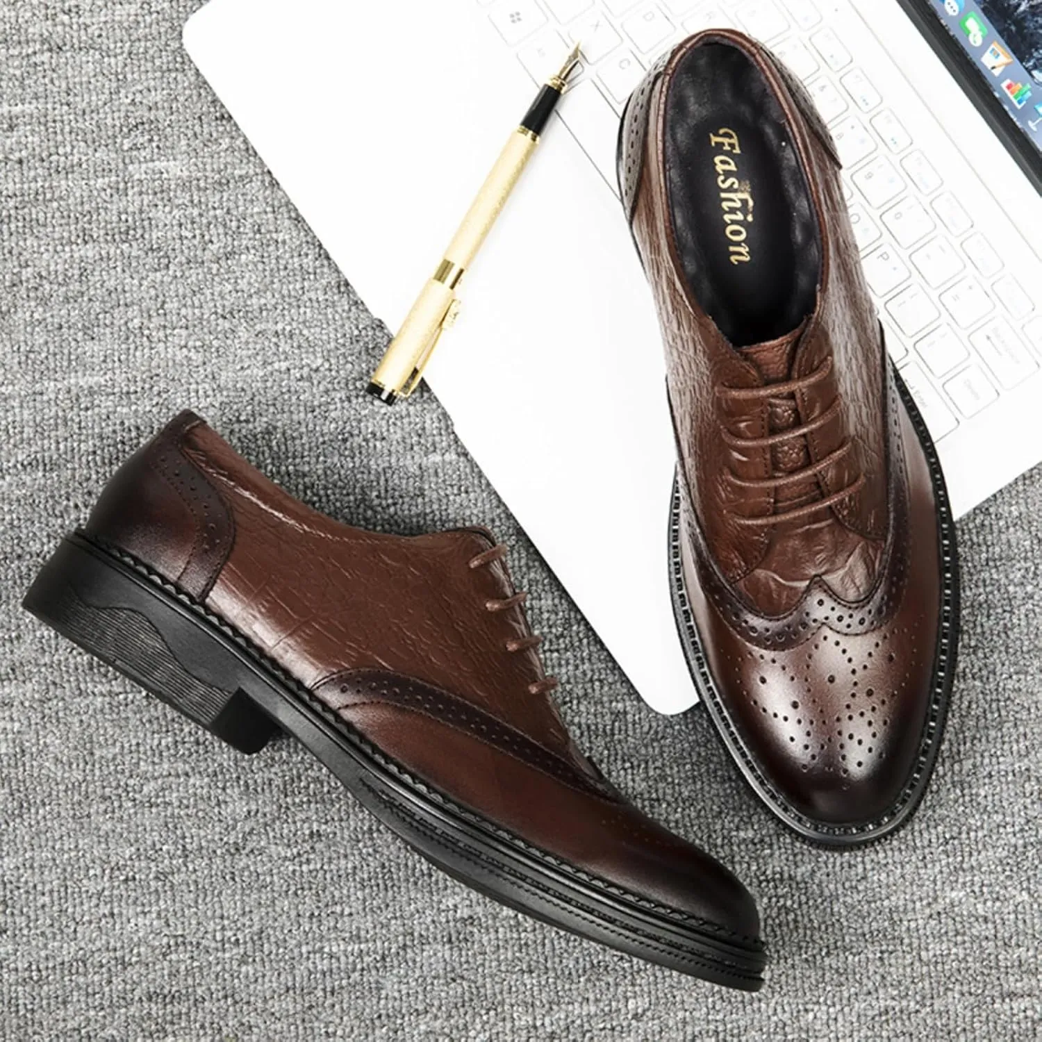 Men's Cowhide Leather Perforated Lace - up Oxfords Brogue Wingtip Shoes for Men Brown, Black