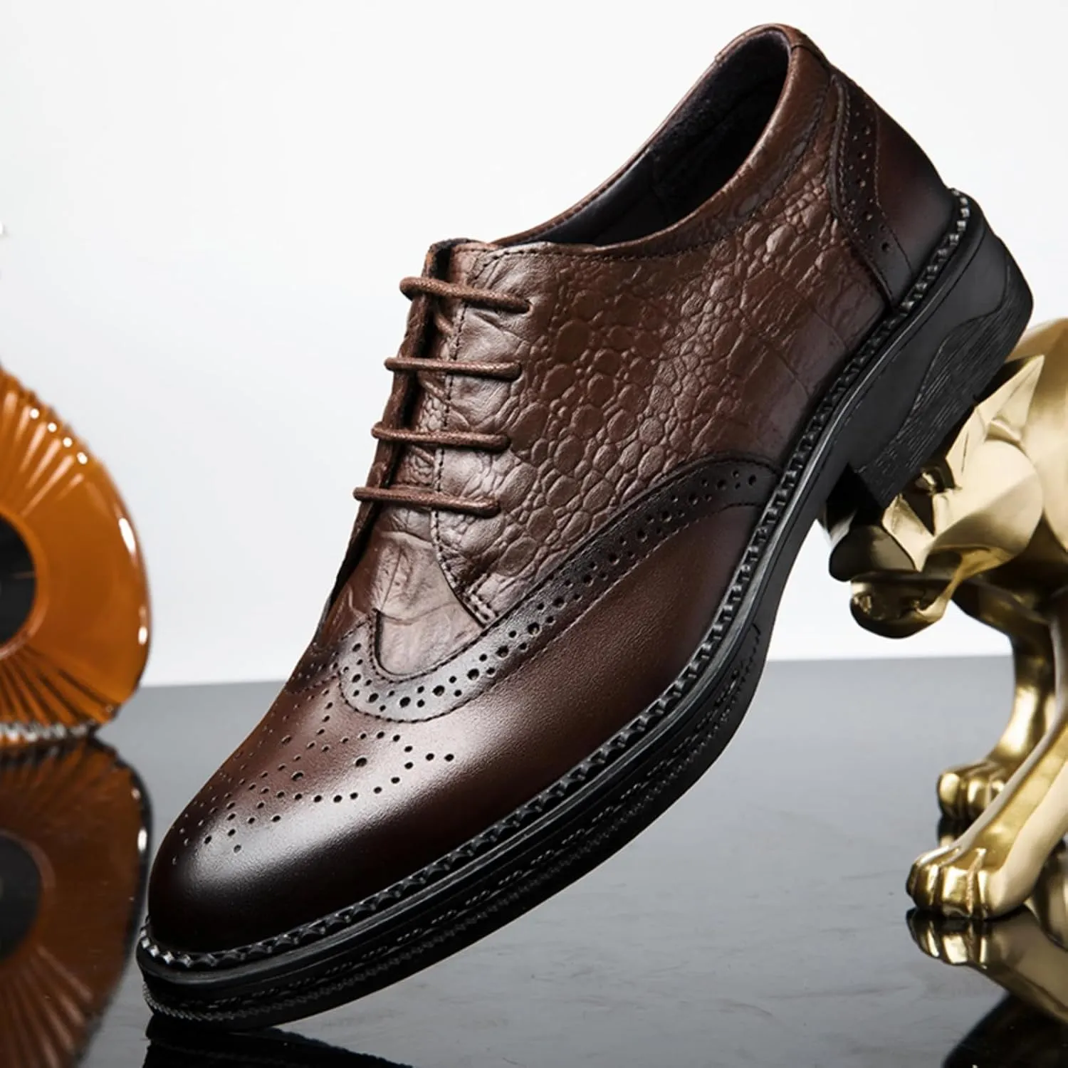 Men's Cowhide Leather Perforated Lace - up Oxfords Brogue Wingtip Shoes for Men Brown, Black