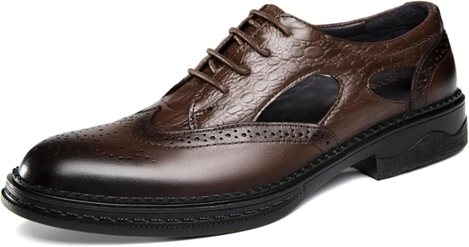 Men's Cowhide Leather Perforated Lace - up Oxfords Brogue Wingtip Shoes for Men Brown, Black