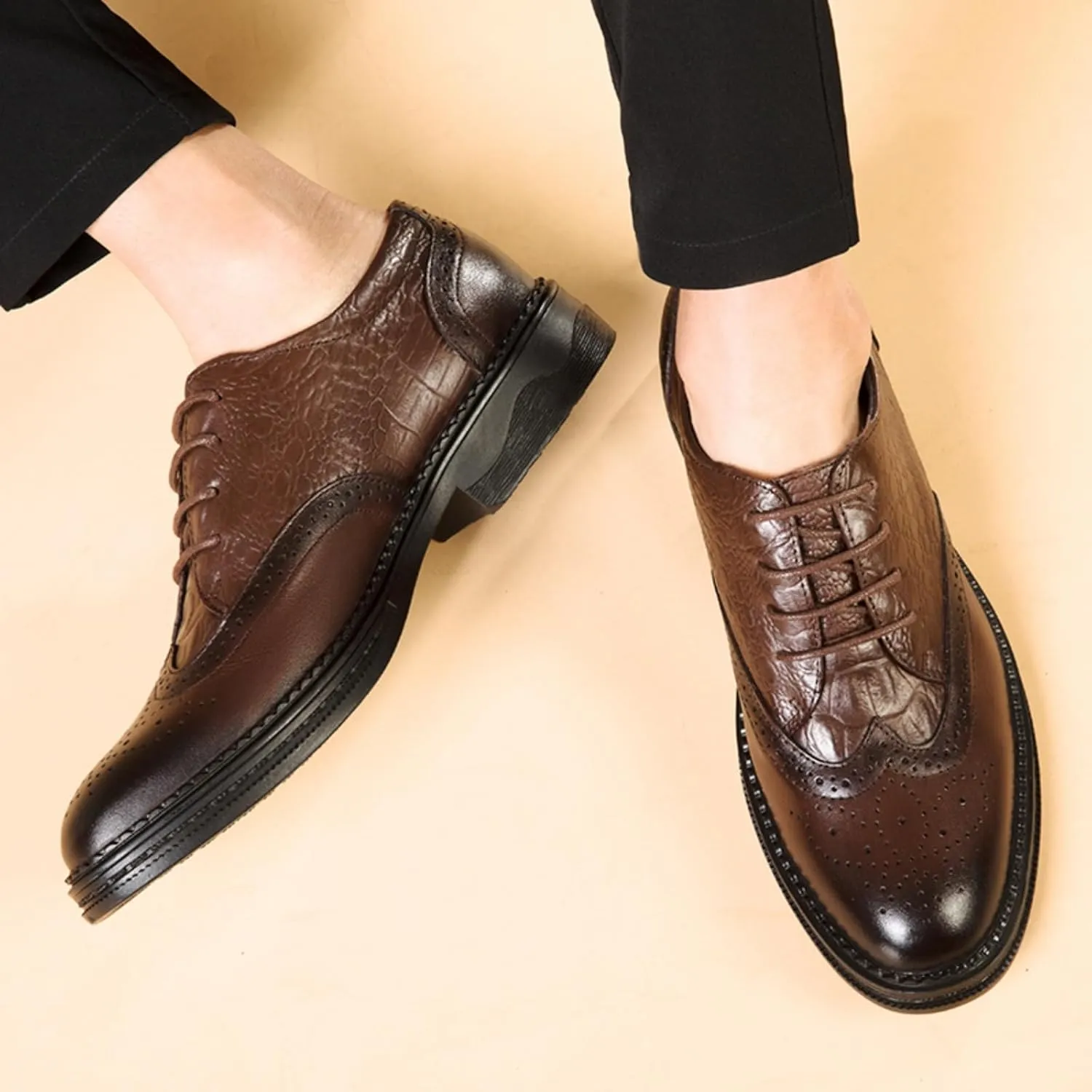 Men's Cowhide Leather Perforated Lace - up Oxfords Brogue Wingtip Shoes for Men Brown, Black