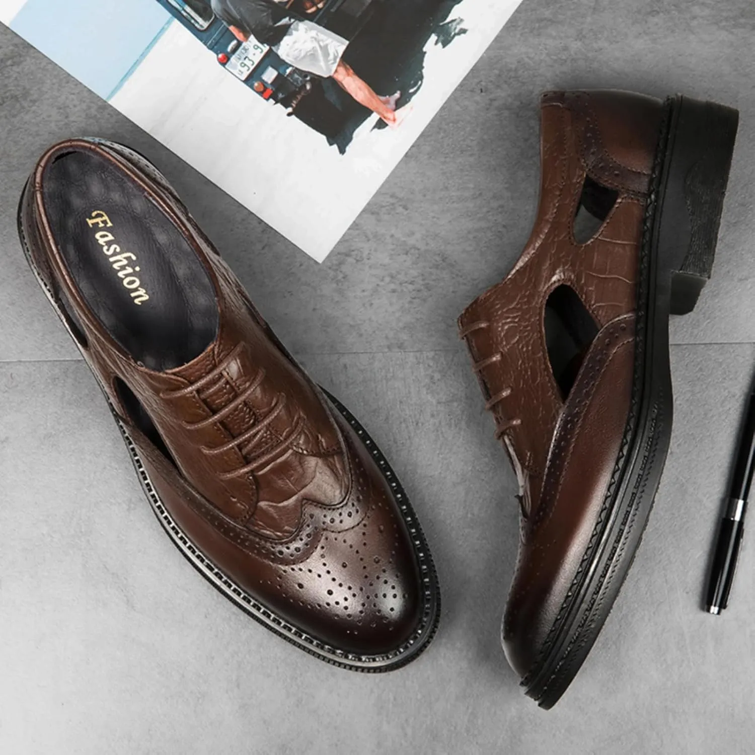 Men's Cowhide Leather Perforated Lace - up Oxfords Brogue Wingtip Shoes for Men Brown, Black