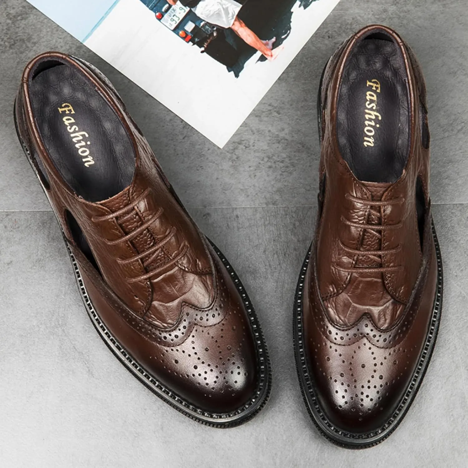 Men's Cowhide Leather Perforated Lace - up Oxfords Brogue Wingtip Shoes for Men Brown, Black