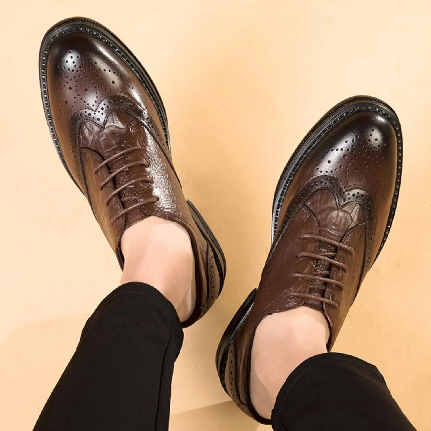 Men's Cowhide Leather Perforated Lace - up Oxfords Brogue Wingtip Shoes for Men Brown, Black