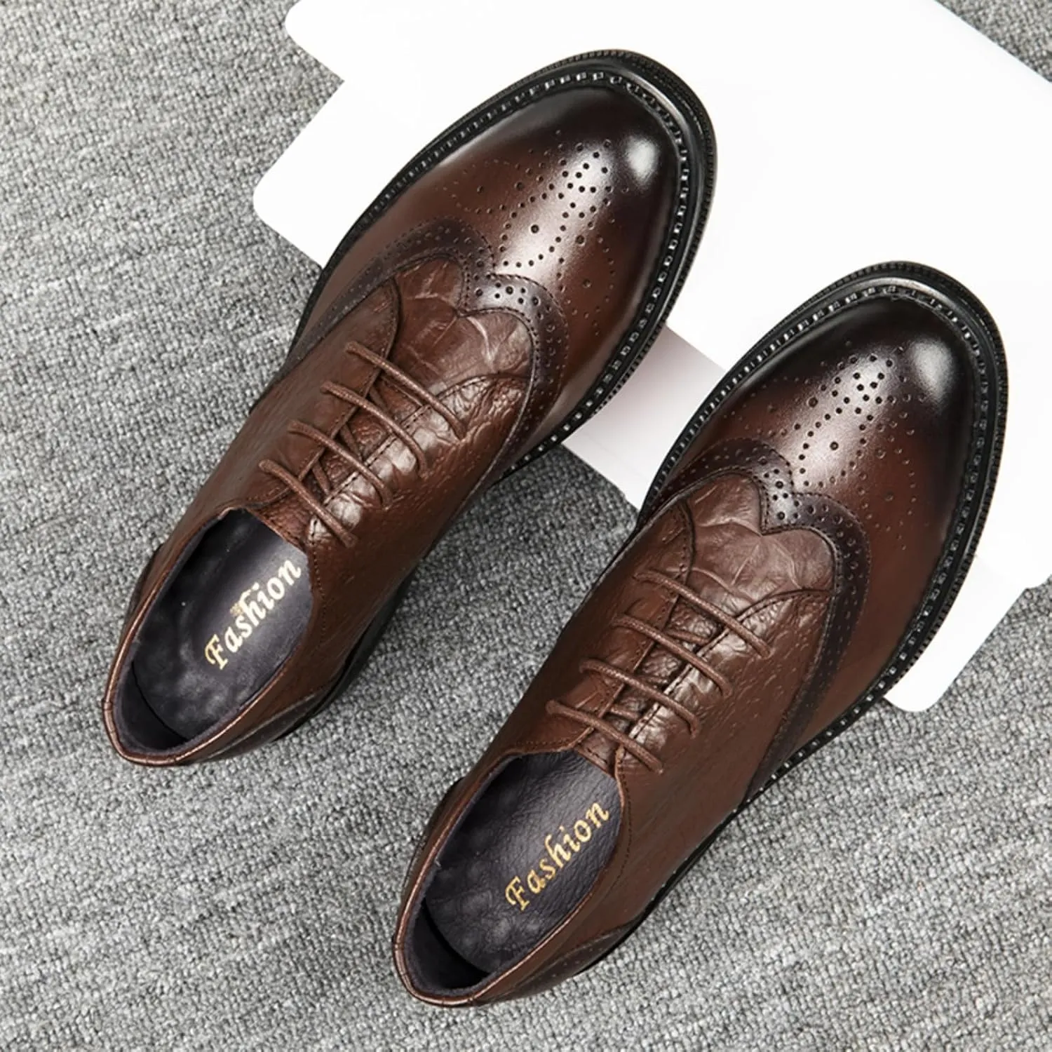 Men's Cowhide Leather Perforated Lace - up Oxfords Brogue Wingtip Shoes for Men Brown, Black
