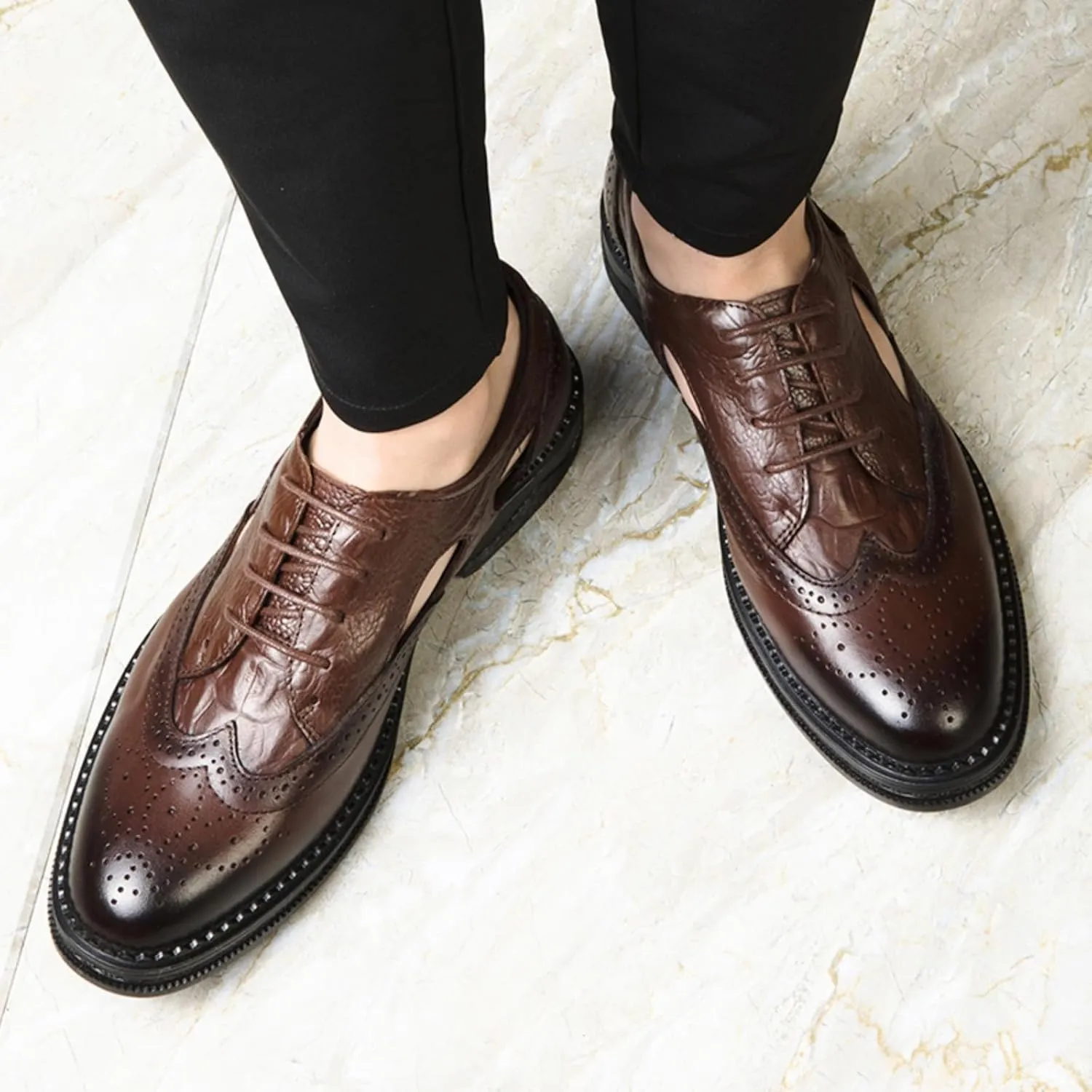 Men's Cowhide Leather Perforated Lace - up Oxfords Brogue Wingtip Shoes for Men Brown, Black