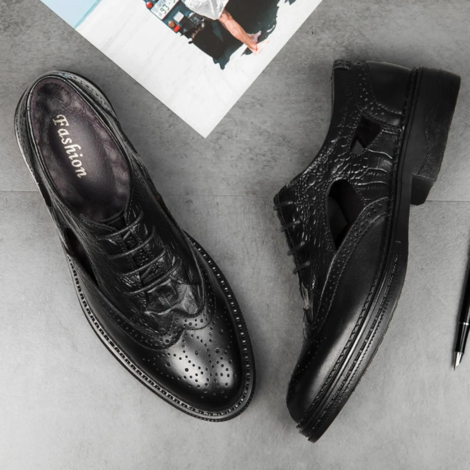 Men's Cowhide Leather Perforated Lace - up Oxfords Brogue Wingtip Shoes for Men