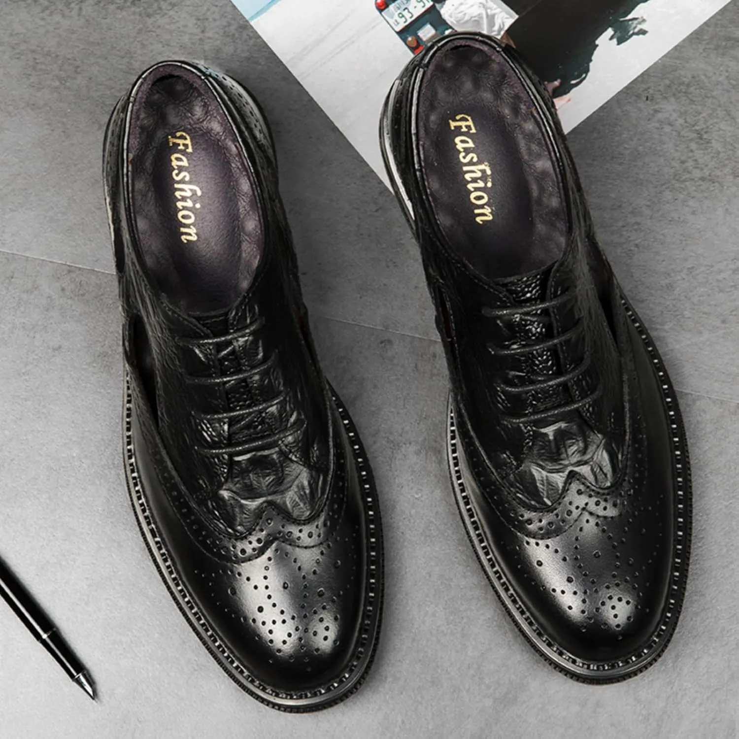 Men's Cowhide Leather Perforated Lace - up Oxfords Brogue Wingtip Shoes for Men