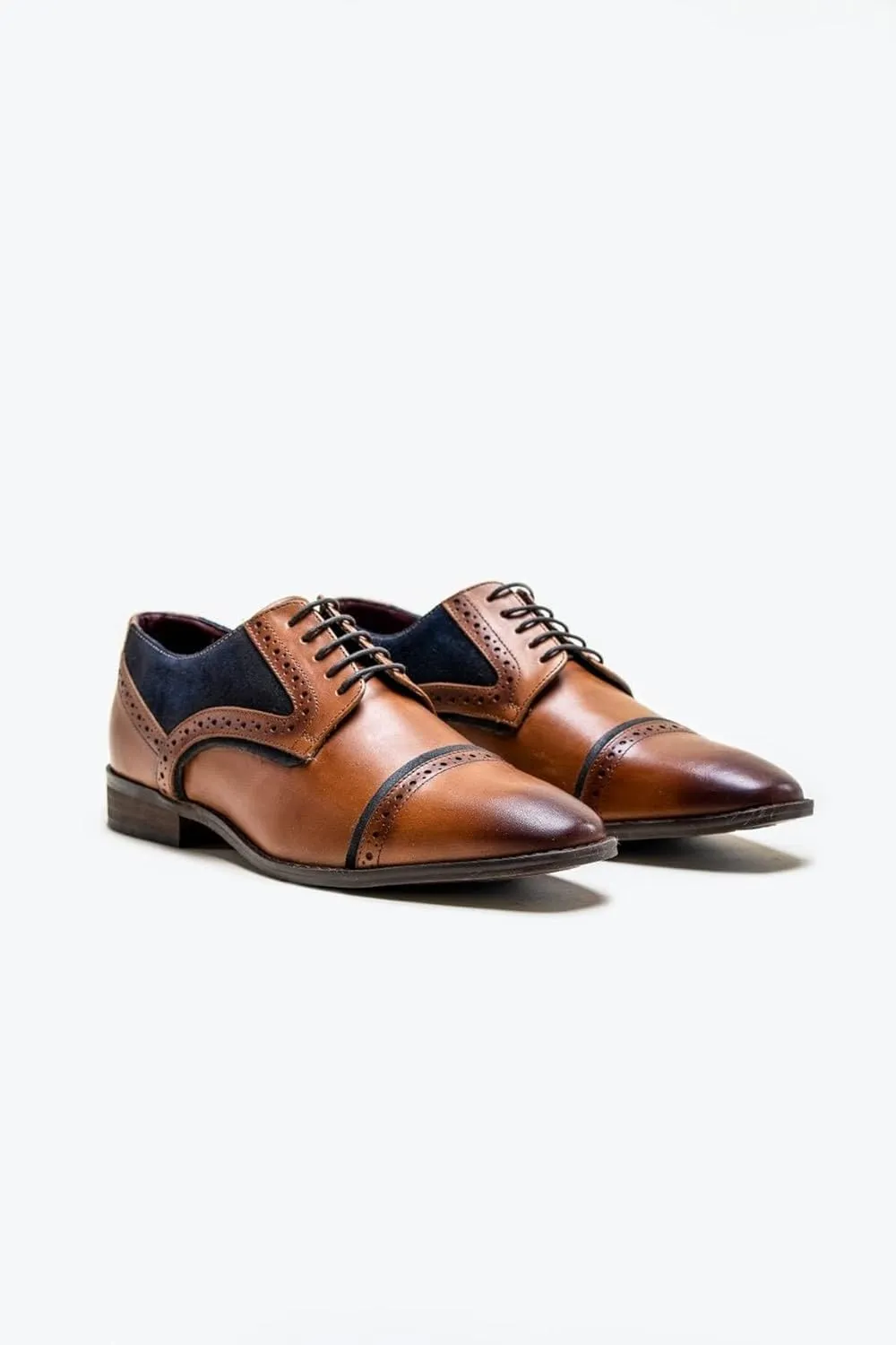 Mens Derby Genuine Leather Dress Shoes Brogue Tan Navy Blue Lace Up Formal Footwear