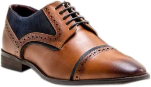 Mens Derby Genuine Leather Dress Shoes Brogue Tan Navy Blue Lace Up Formal Footwear