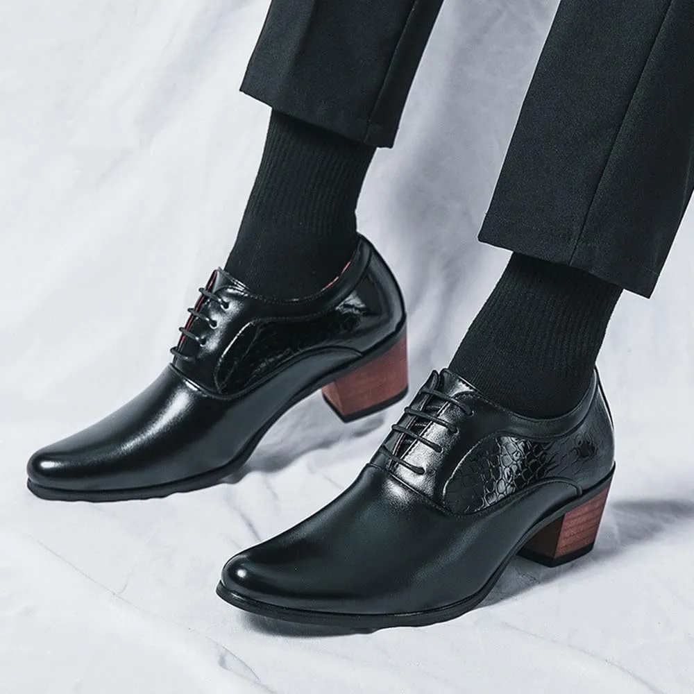 Men's Derby Oxfords Shoes Classic Lace-up Low Top Pointed Toe Embossed Block High Heel Business Wedding Dress Shoes