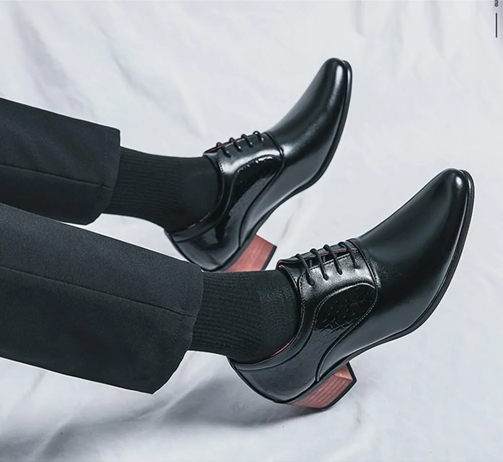Men's Derby Oxfords Shoes Classic Lace-up Low Top Pointed Toe Embossed Block High Heel Business Wedding Dress Shoes
